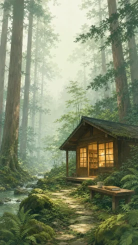 没有人声的阅读小屋，只有溪流和一盏暖灯-沐光橙香