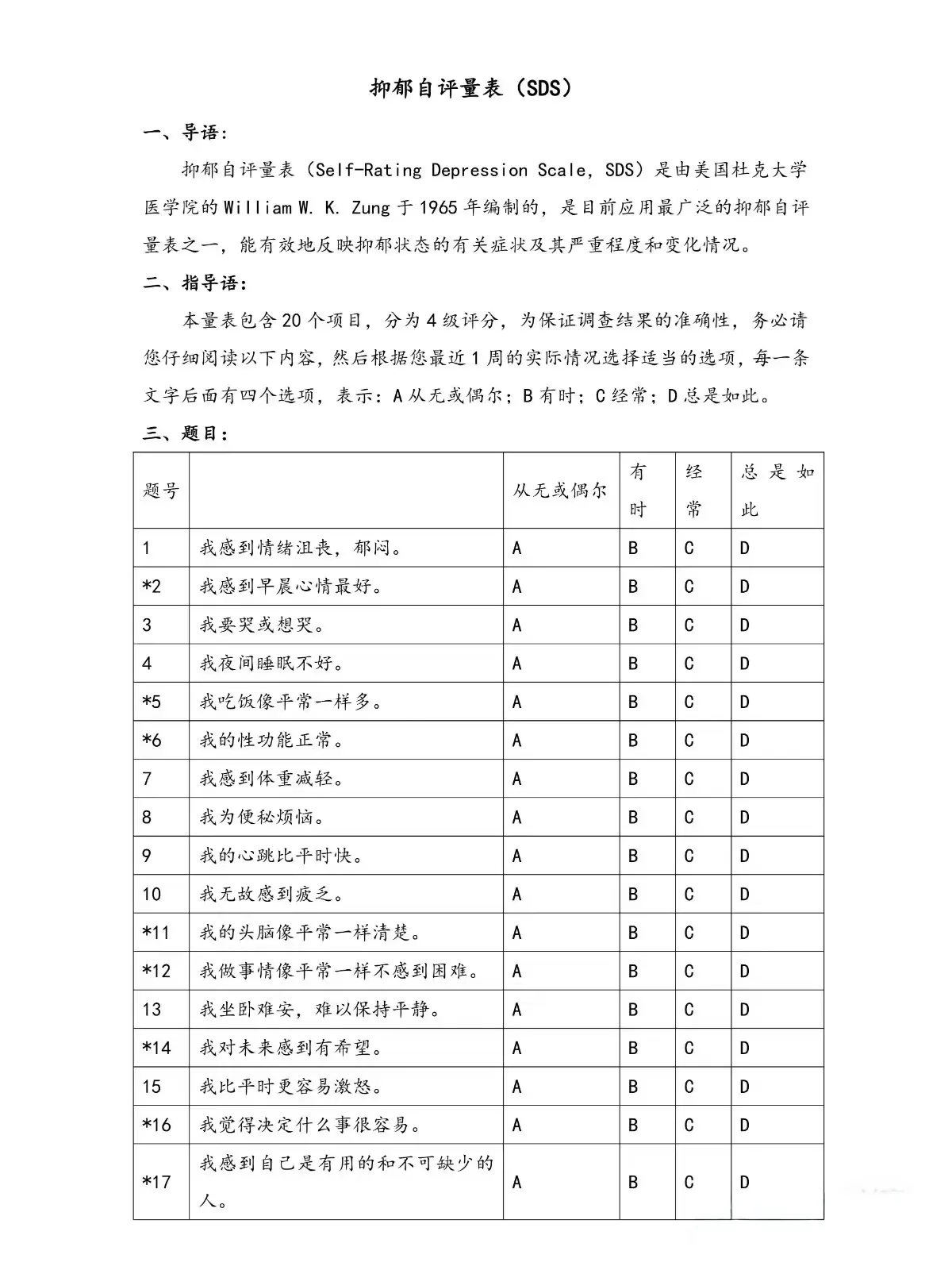 三甲医院专用抑郁症自评量表+焦虑自评量表