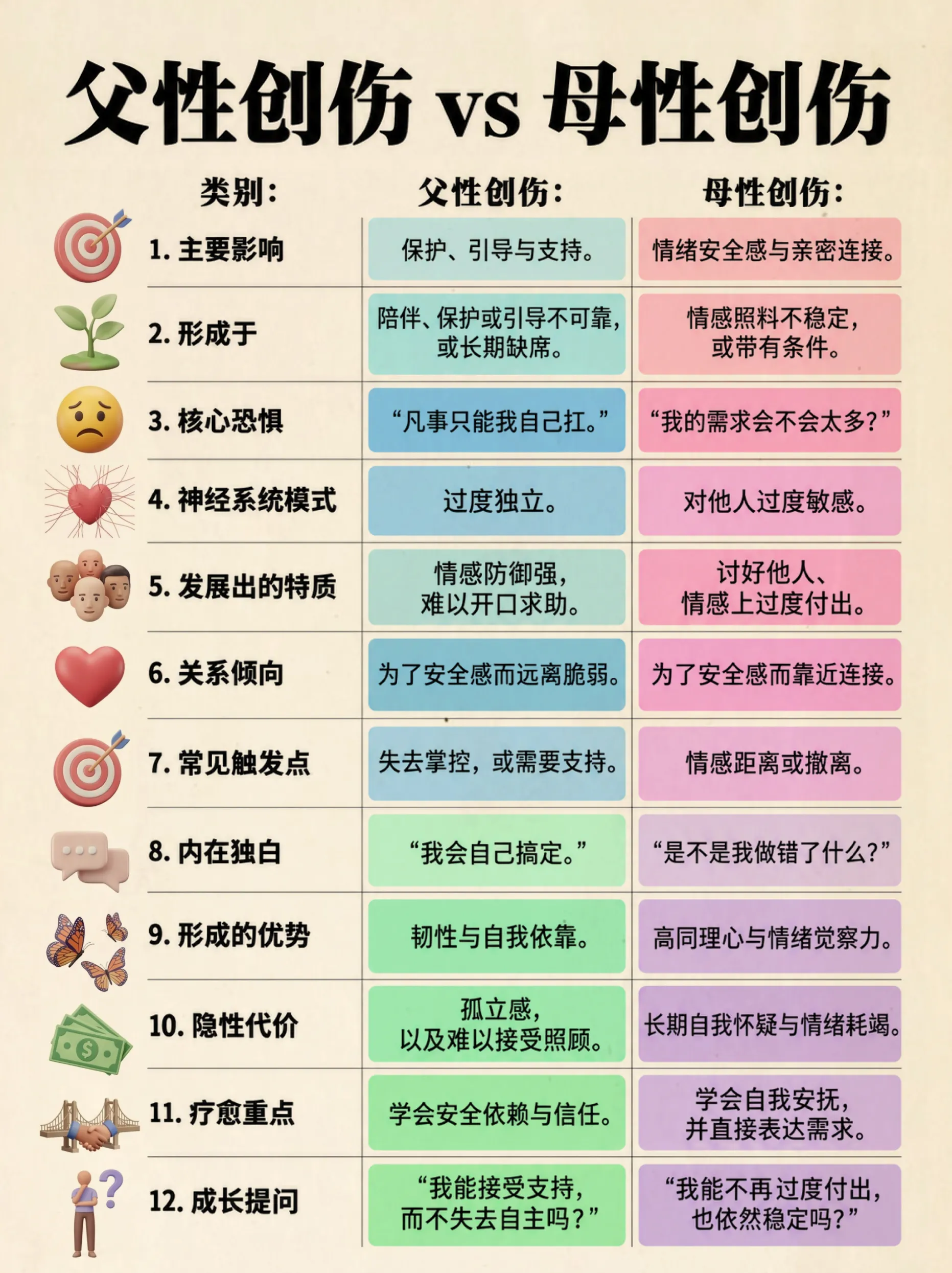 问题：什么是父性创伤和母性创伤？它们会如何影响成年后的关系？