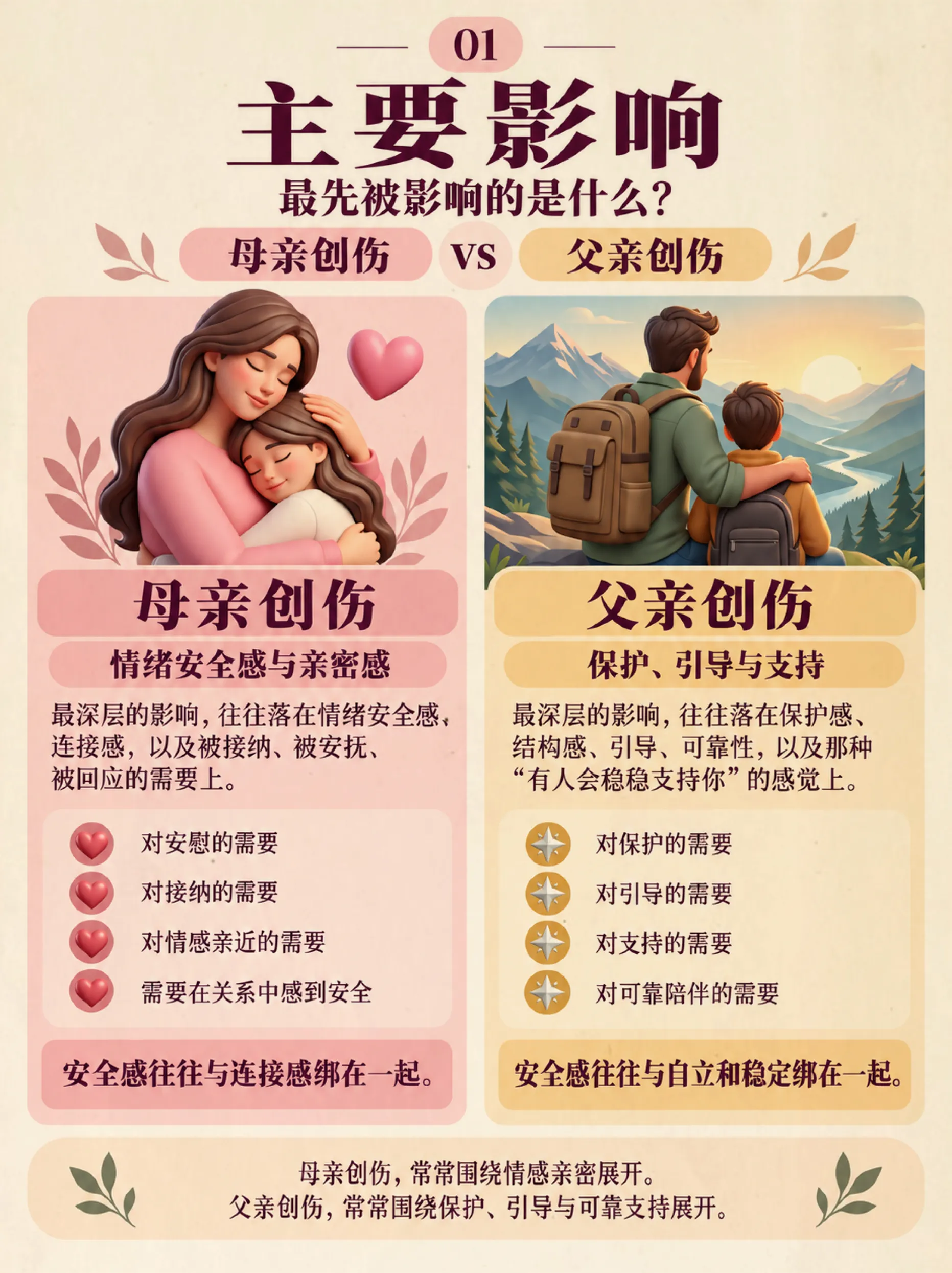 问题：什么是父性创伤和母性创伤？它们会如何影响成年后的关系？