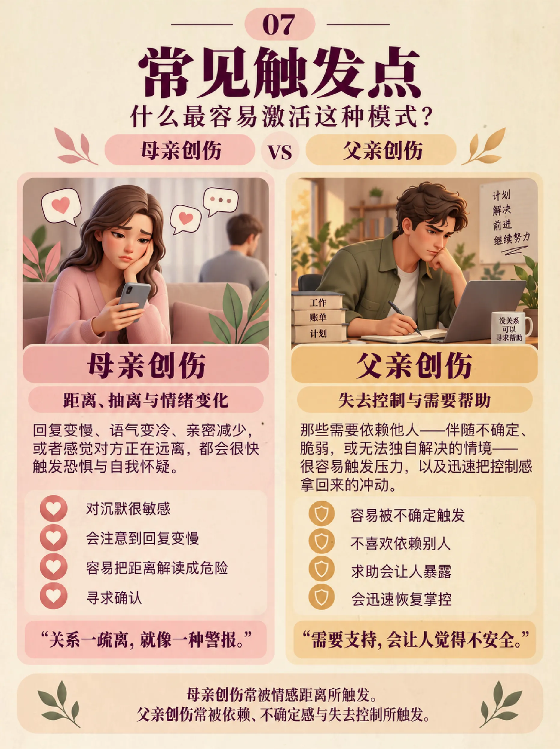 问题：什么是父性创伤和母性创伤？它们会如何影响成年后的关系？