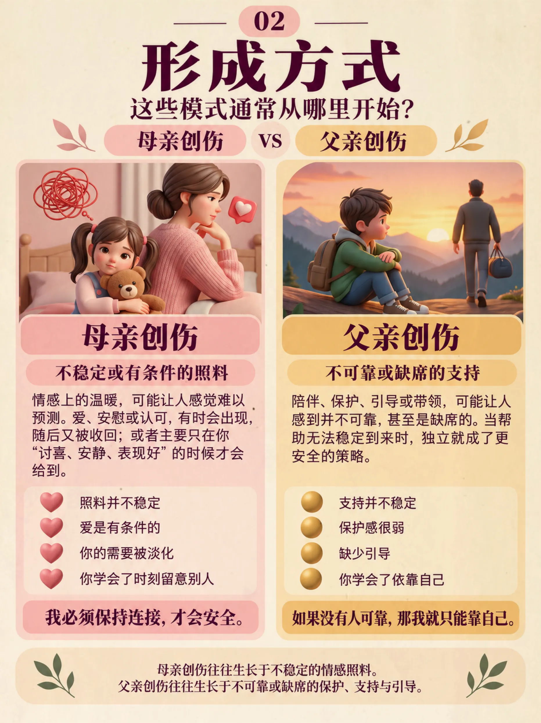 问题：什么是父性创伤和母性创伤？它们会如何影响成年后的关系？
