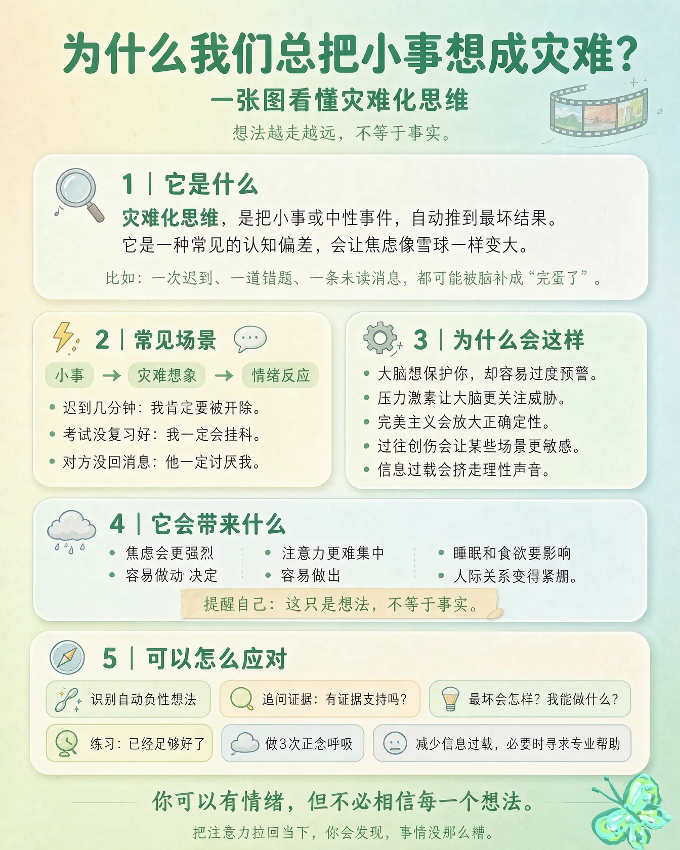 灾难化思维，就是遇到一点小问题，大脑立刻把它放大成“世界末日”的心理习惯。比如忘