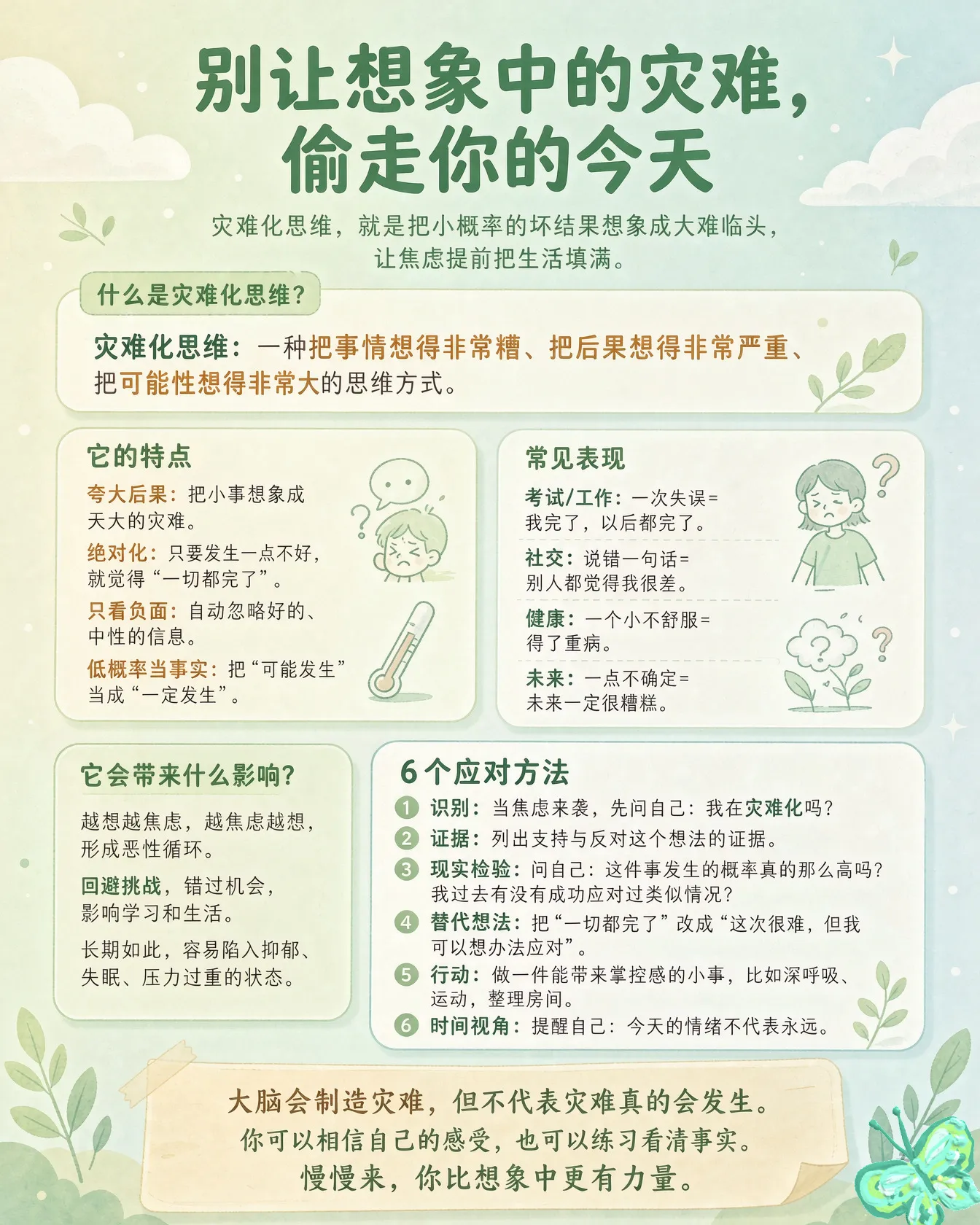 灾难化思维，就是遇到一点小问题，大脑立刻把它放大成“世界末日”的心理习惯。比如忘