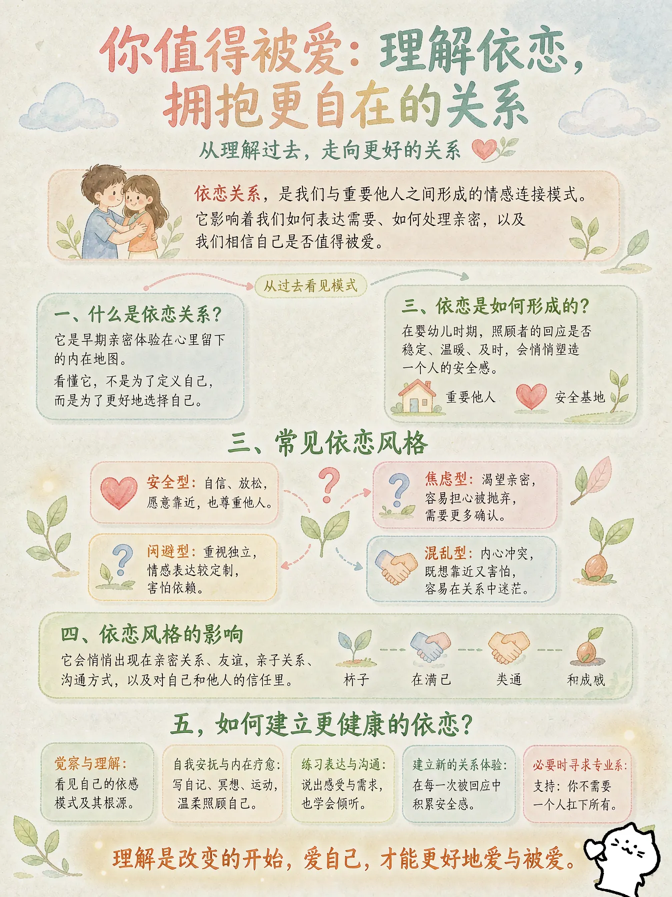 依恋关系是婴儿与主要照料者（通常是父母）之间形成的情感联结，会影响人一生的亲密关