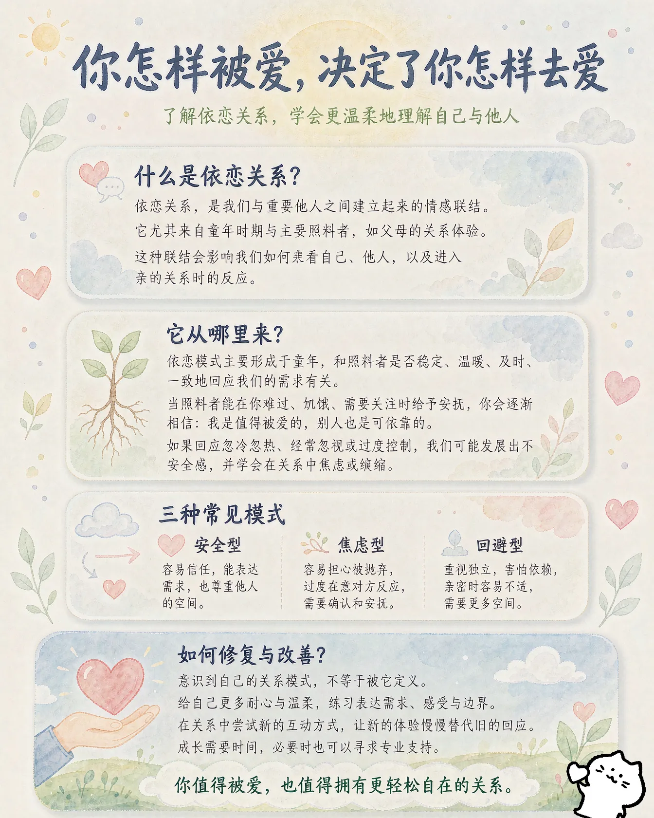 依恋关系是婴儿与主要照料者（通常是父母）之间形成的情感联结，会影响人一生的亲密关