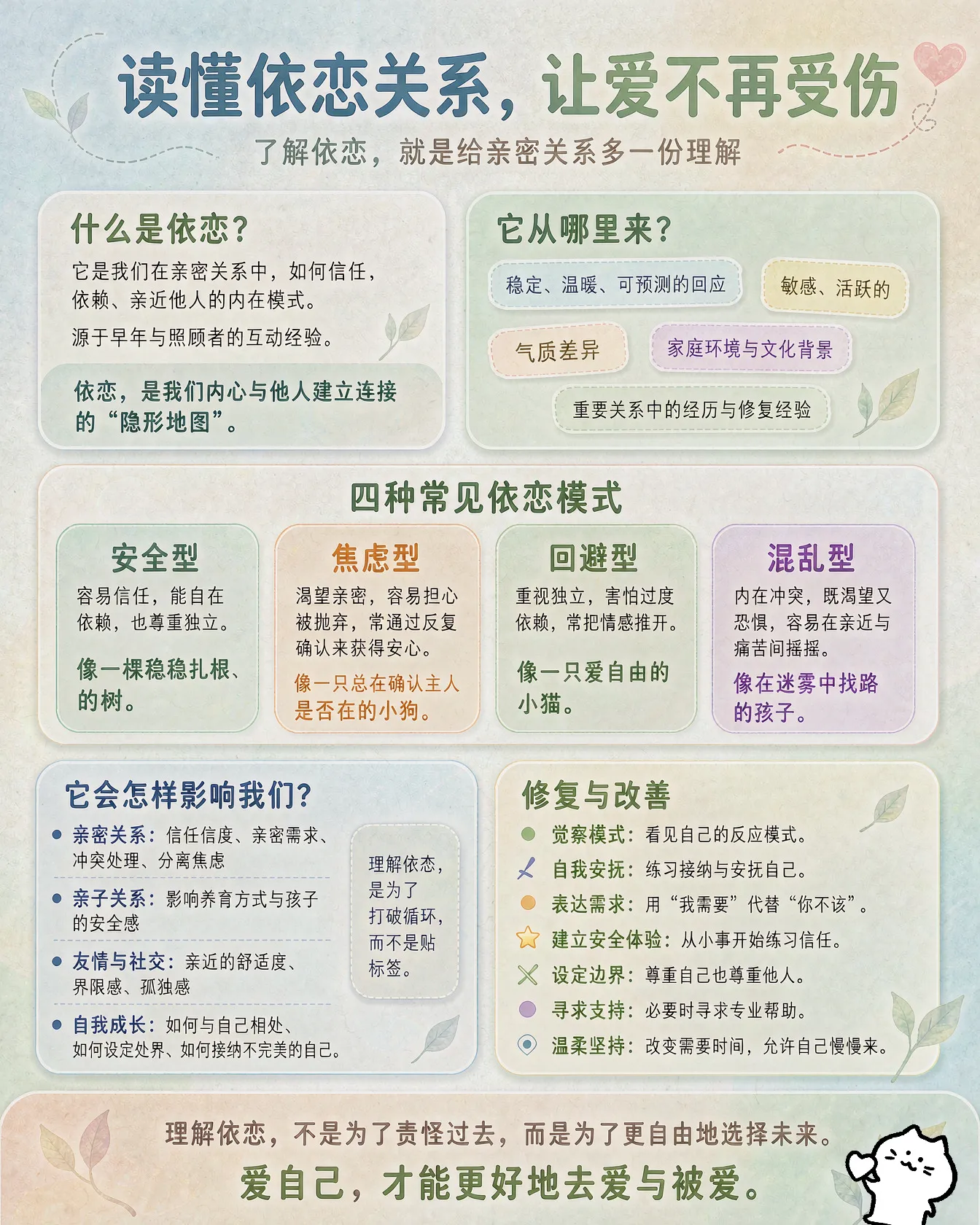 依恋关系是婴儿与主要照料者（通常是父母）之间形成的情感联结，会影响人一生的亲密关