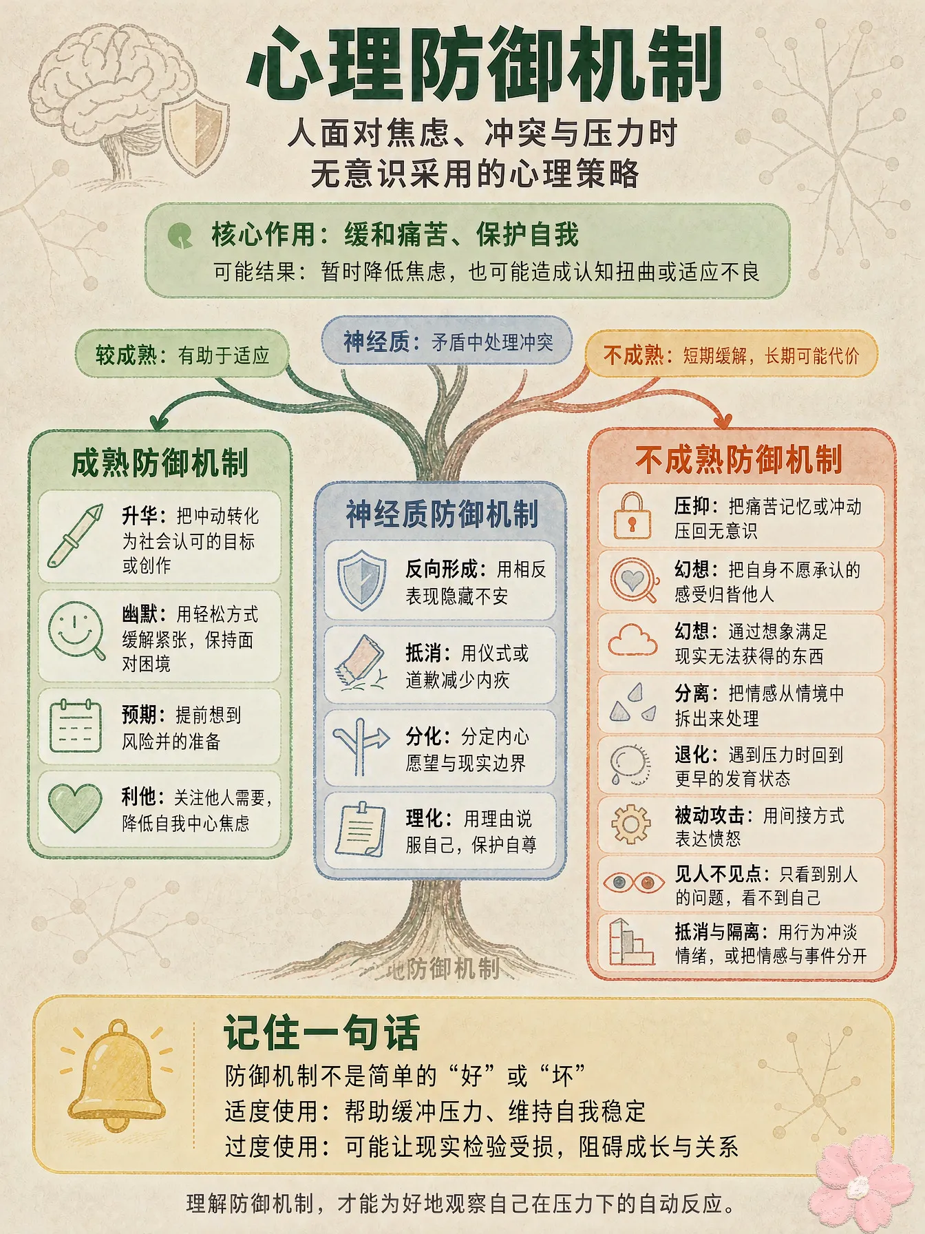 心理防御机制是弗洛伊德提出的概念，指人在面对焦虑、冲突或痛苦时，潜意识里自动启动