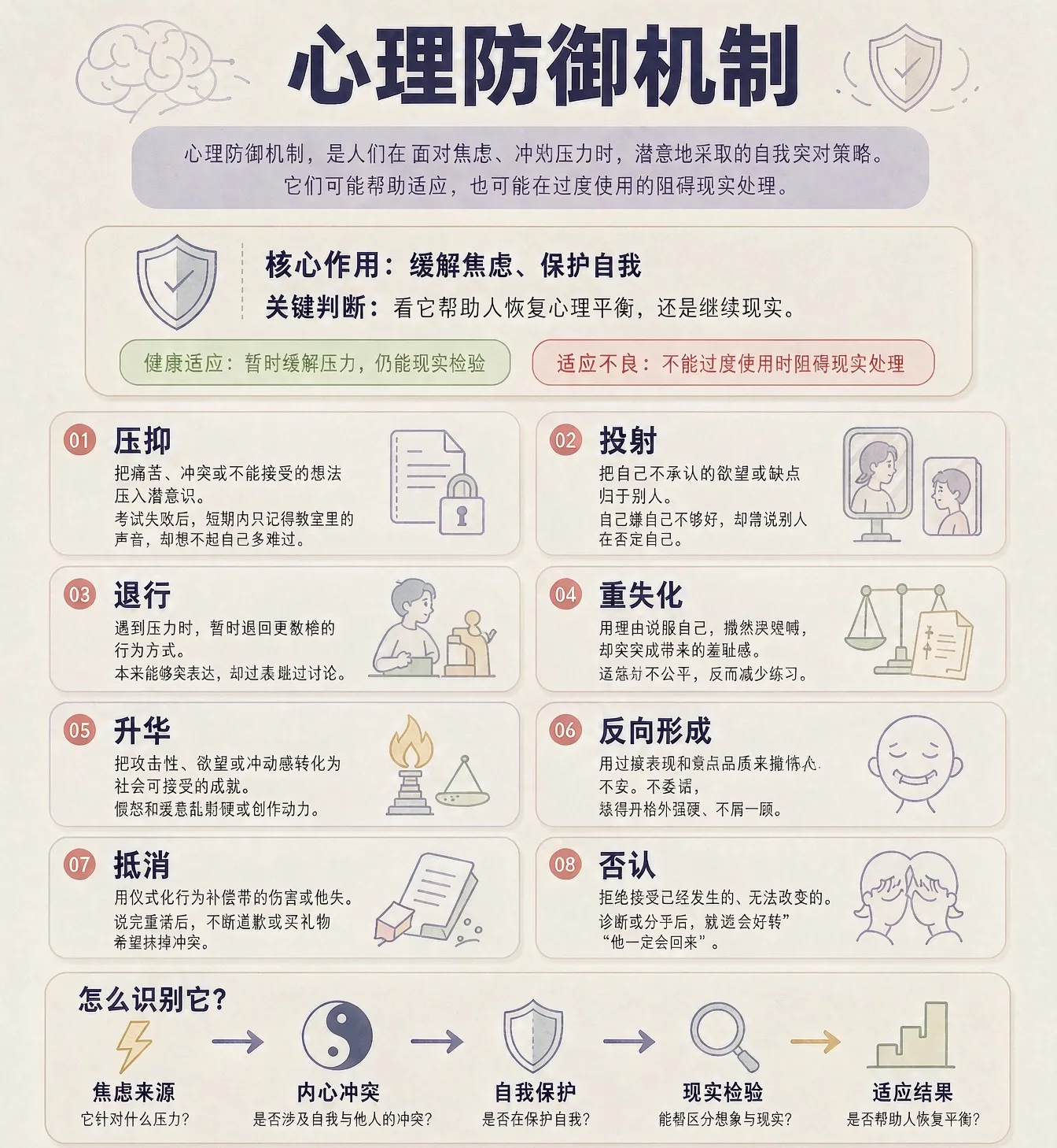 心理防御机制是弗洛伊德提出的概念，指人在面对焦虑、冲突或痛苦时，潜意识里自动启动