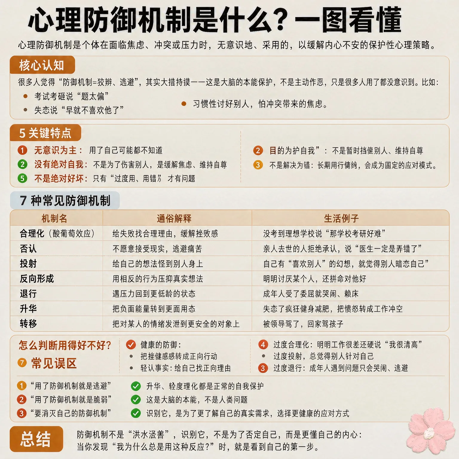 心理防御机制是弗洛伊德提出的概念，指人在面对焦虑、冲突或痛苦时，潜意识里自动启动