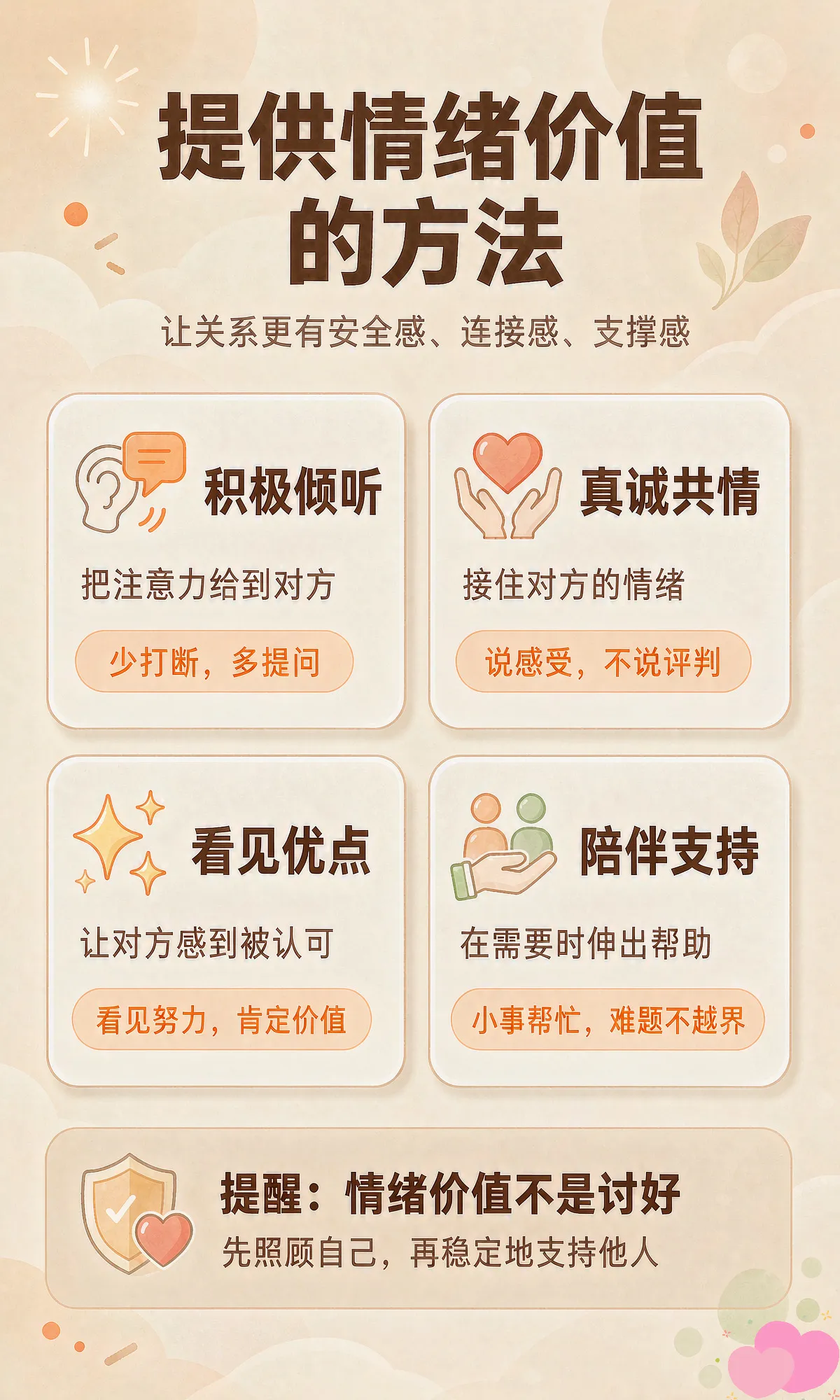 提供情绪价值，核心不是讨好，而是让对方感觉“被看见、被理解、被支持”。