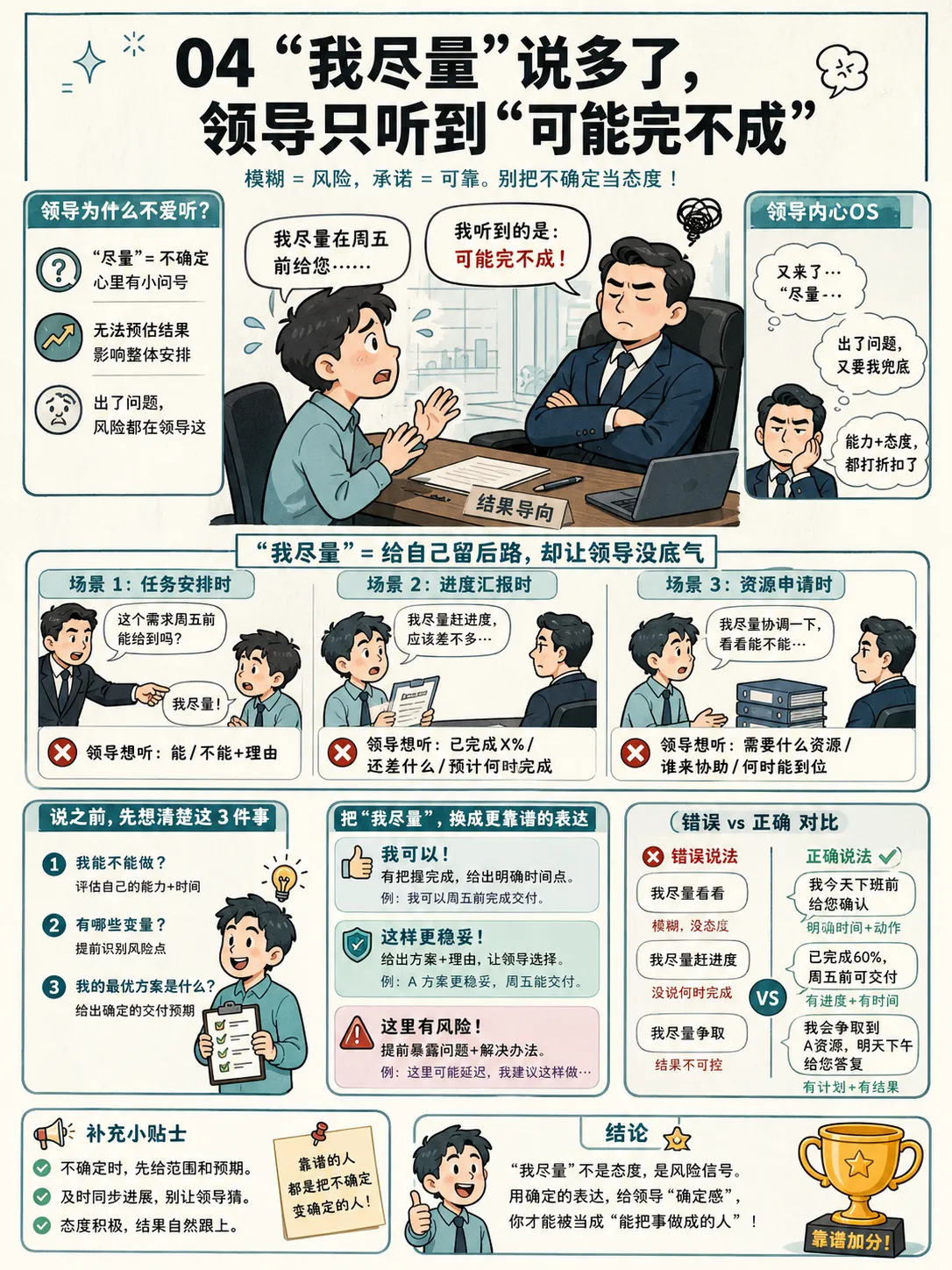 把“我尽量”丢掉，领导开始觉得我靠谱