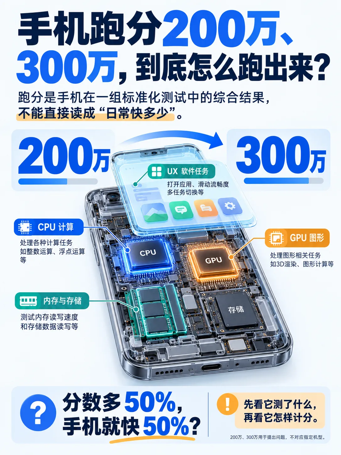 手机跑分300万，比200万快50%吗？