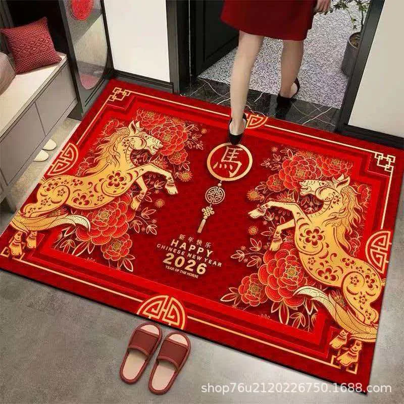 硅藻泥红色春节地垫马年2026入户门垫大门口脚垫吸水防滑硅胶地垫