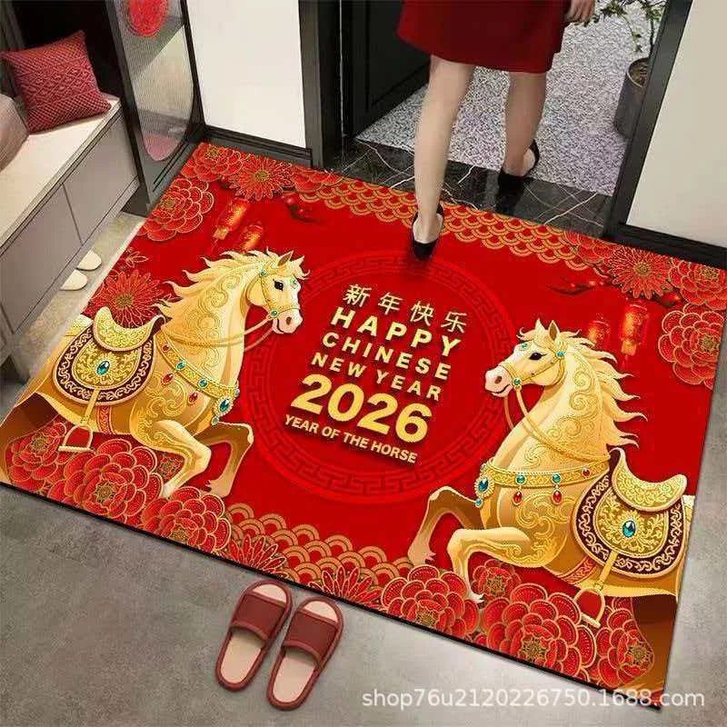 硅藻泥红色春节地垫马年2026入户门垫大门口脚垫吸水防滑硅胶地垫