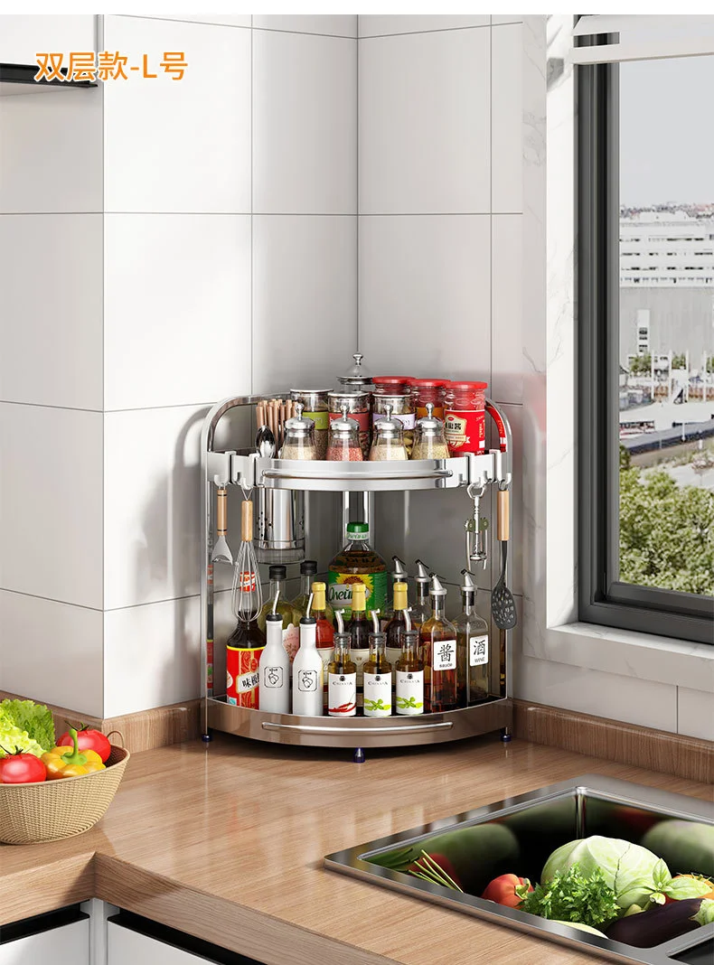 不锈钢厨房转角置物架油盐酱醋三角架调味料用品墙角落地收纳刀架