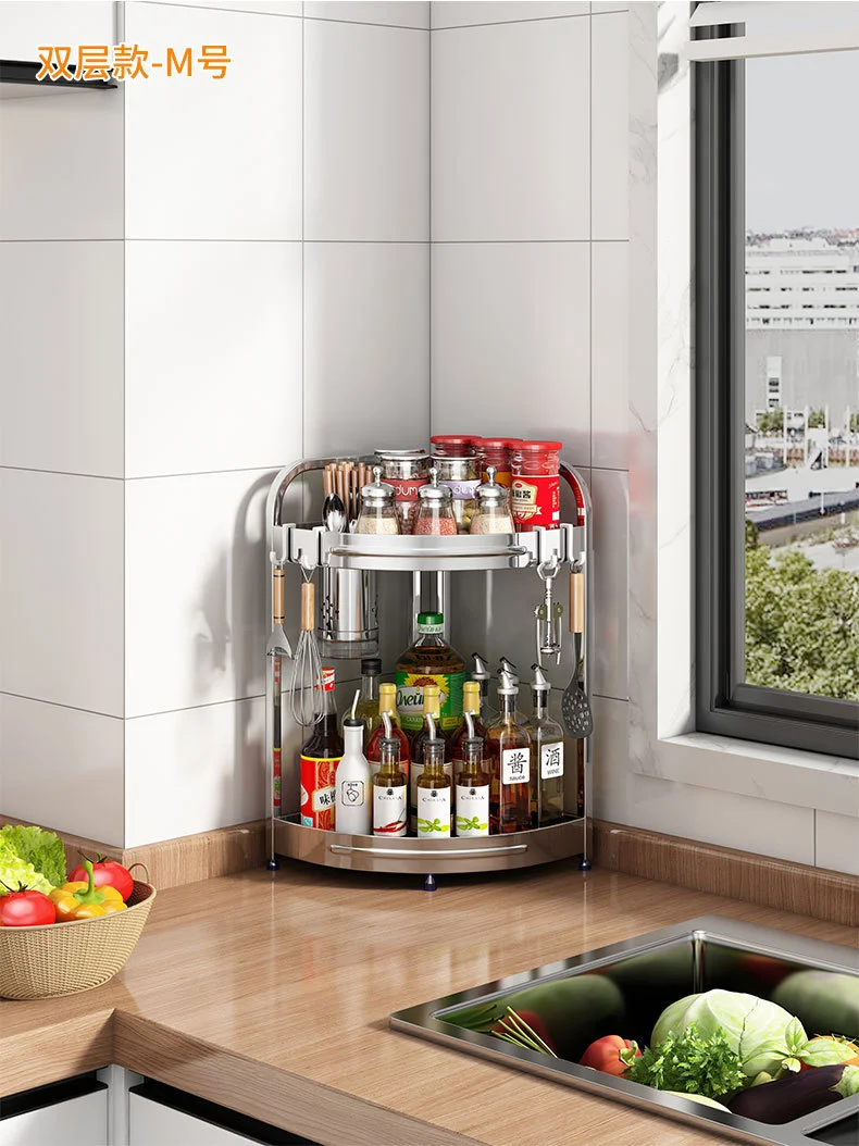 不锈钢厨房转角置物架油盐酱醋三角架调味料用品墙角落地收纳刀架