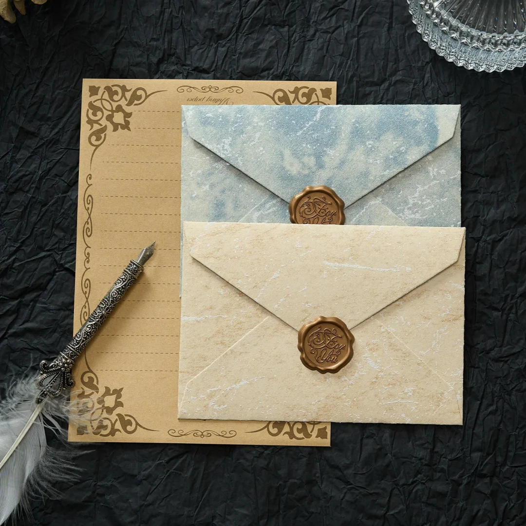 早沫鎏金信封信纸套装海峡风貌浮雕纹理手写情书情人节火漆信封-沐光橙香
